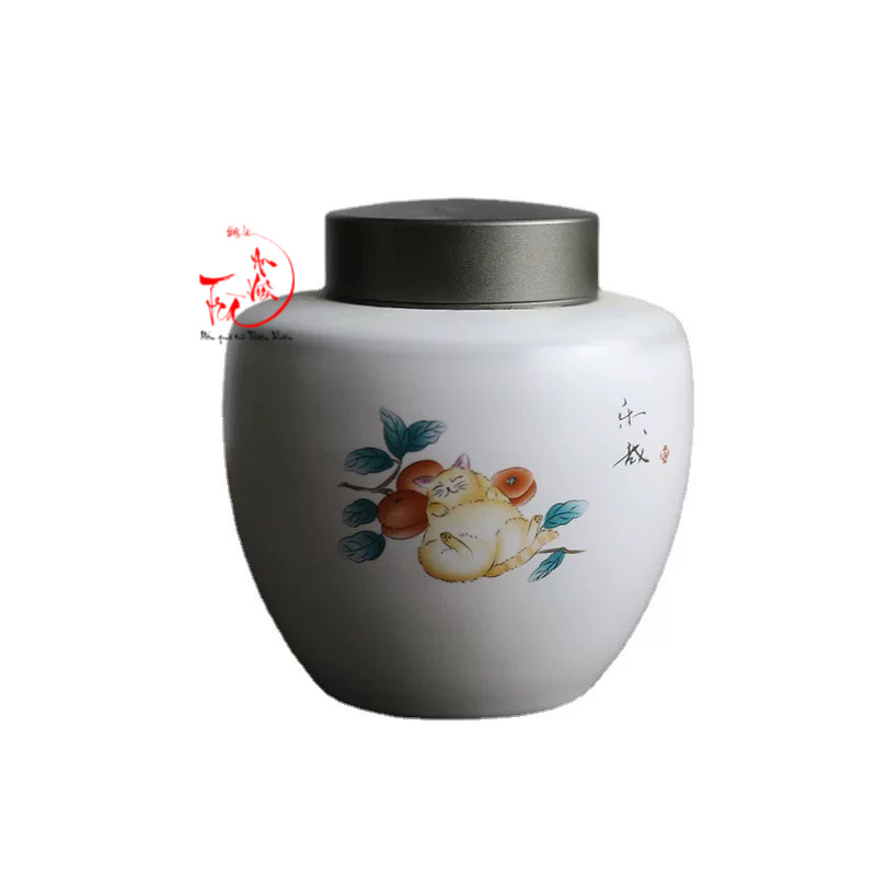 Hũ đựng trà nắp kín sứ Nhữ Diêu hình mèo 400ml